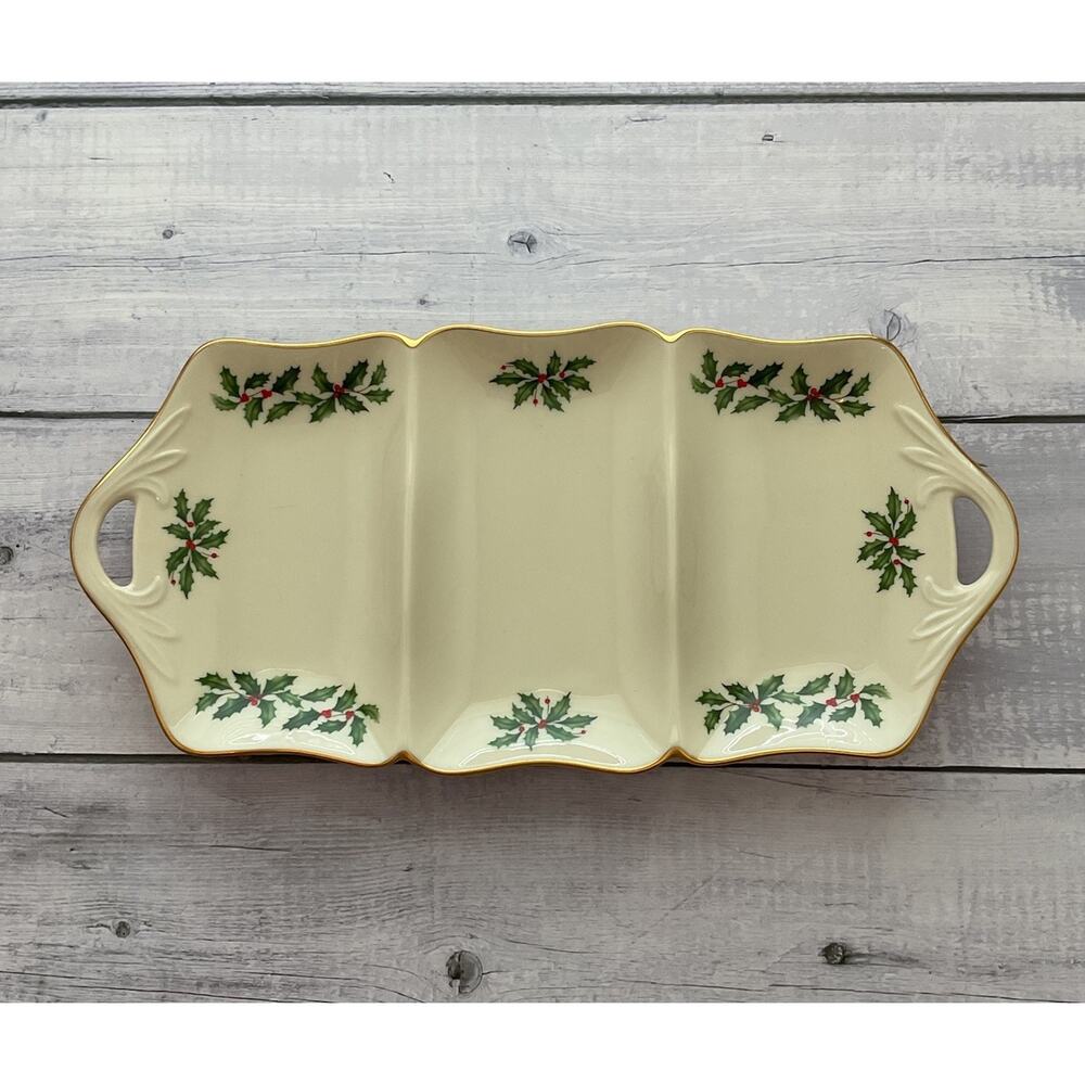 Lenox Holiday Dimension Christmas Relish Tray Divided Rectangular Holly Berries